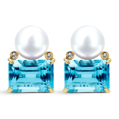 Earrings - South Sea Pearl, Blue Topaz And Diamond