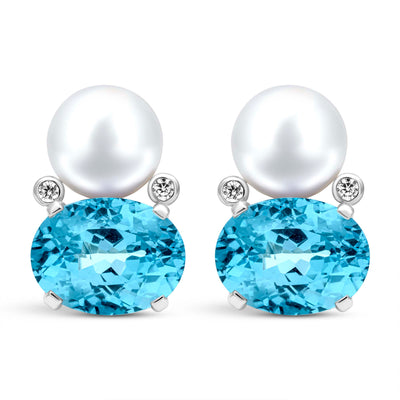 Earrings - Freshwater Pearl, Blue Topaz And Diamond (332BS)