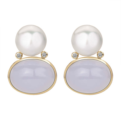 Earrings - South Sea Pearl, Chalcedony And Diamond