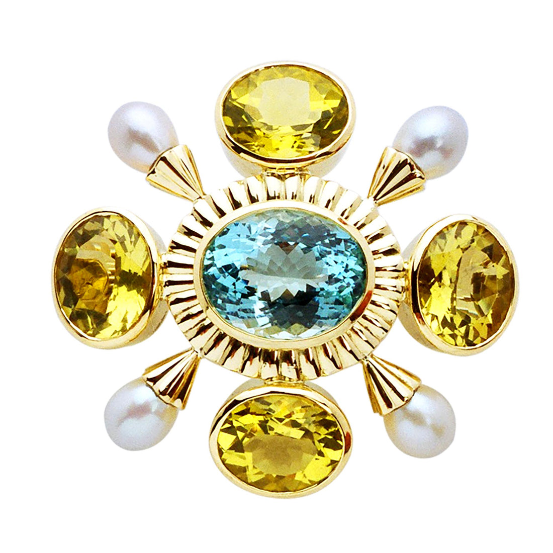 Brooch - Aquamarine, Pearl and Lemon Quartz | Singhvi Jewels