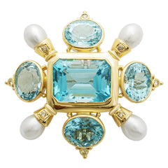 Brooch- Blue Topaz, Pearl And Diamond