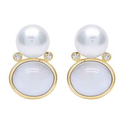 Earrings - Moonstone, South Sea Pearl And Diamond