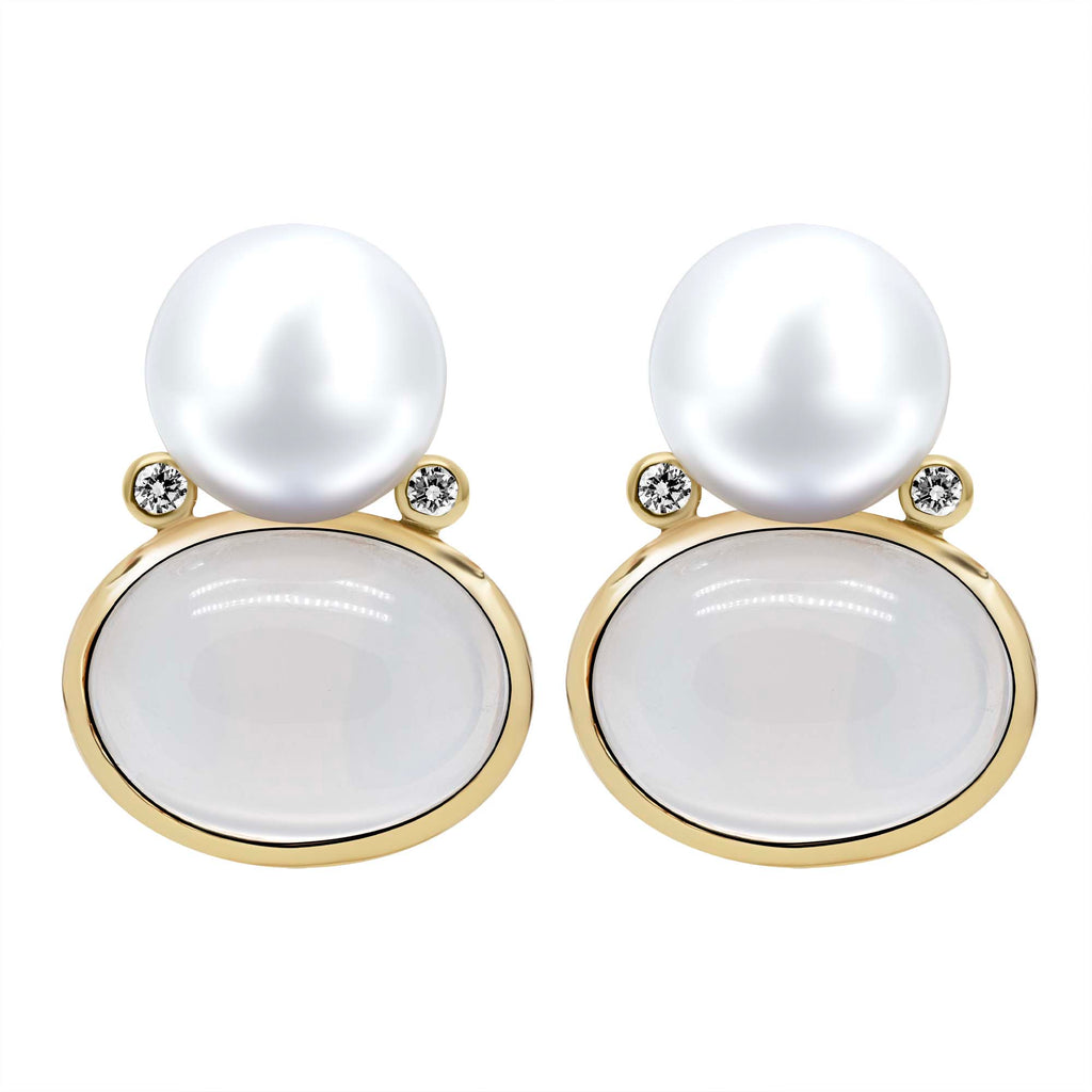 Earrings - South Sea Pearl, Moonstone And Diamond In 18k Gold