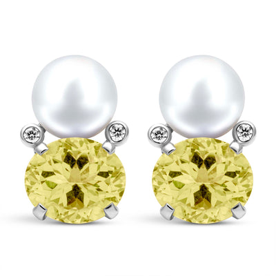 Earrings - Freshwater Pearl, Lemon Quartz And Diamond (331CS)
