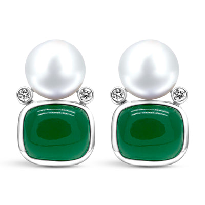 Earrings - Freshwater Pearl, Green Onyx And Diamond (332GS)