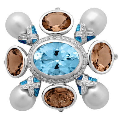 Brooch - Blue Topaz, Smoky Quartz, South Sea Pearl And Diamond (Enamel)