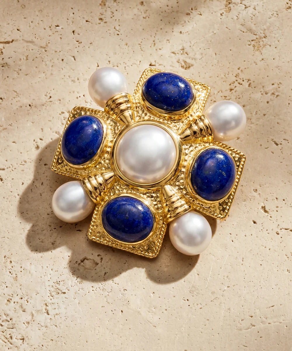 18K Gold Brooch with Pearl &amp; Lapis Lazuli