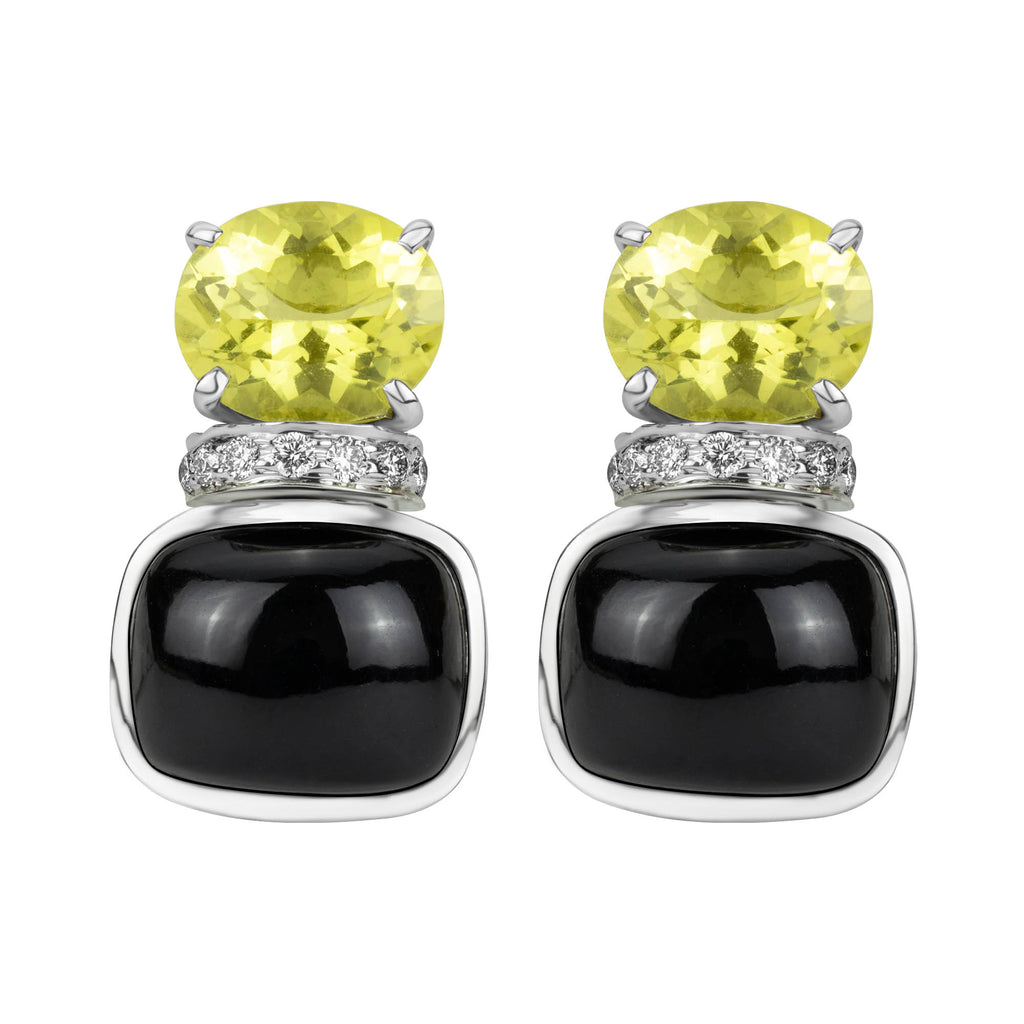 Earrings - Lemon Quartz, Black Onyx And Diamond