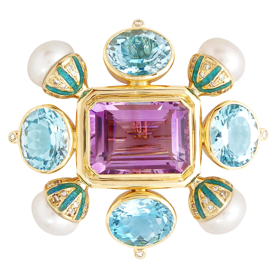 Brooch - Amethyst, Blue Topaz, Pearl and Diamond (Enamel) | Singhvi Jewels