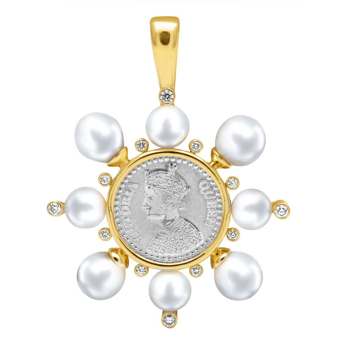Pendant - Silver Coin, South Sea Pearl And Diamond | Singhvi Jewels