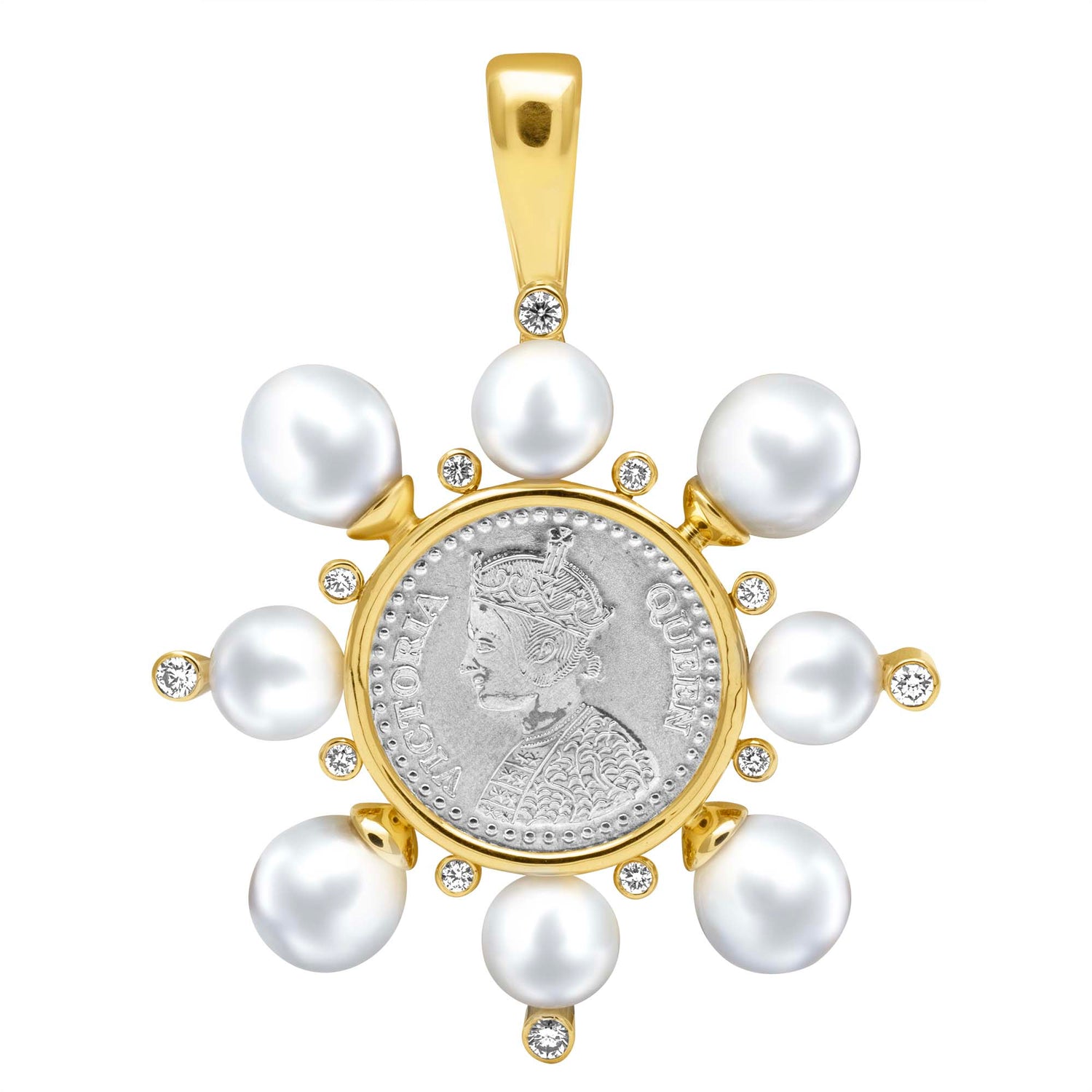 Pendant - Silver Coin, South Sea Pearl And Diamond | Singhvi Jewels