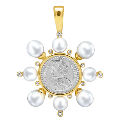 Pendant - Silver Coin, South Sea Pearl And Diamond | Singhvi Jewels