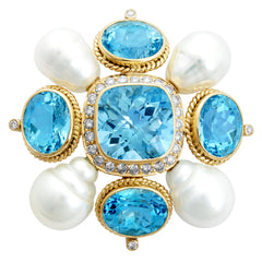 Brooch- Blue Topaz, Fresh Water Pearl And Diamond