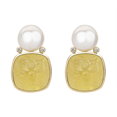 Earrings - South Sea Pearl, Lemon Quartz And Diamond