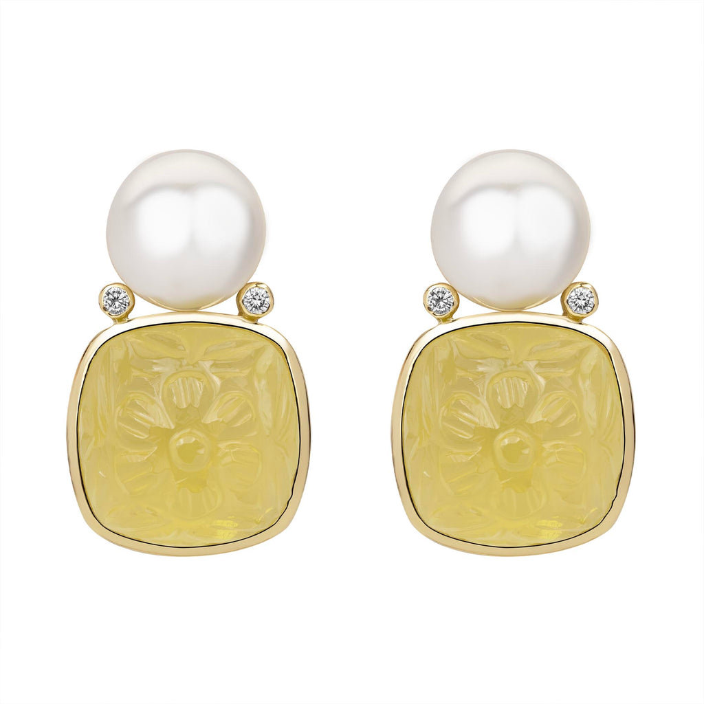 Earrings - South Sea Pearl, Lemon Quartz And Diamond