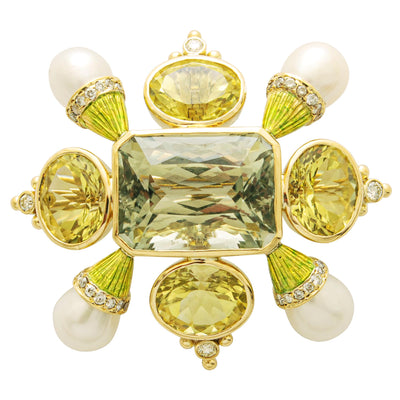 Brooch - Green Quartz, Lemon Quartz, Freshwater Pearl And Diamond (Enamel)