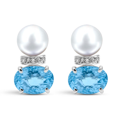 Earrings - Freshwater Pearl, Blue Topaz And Diamond