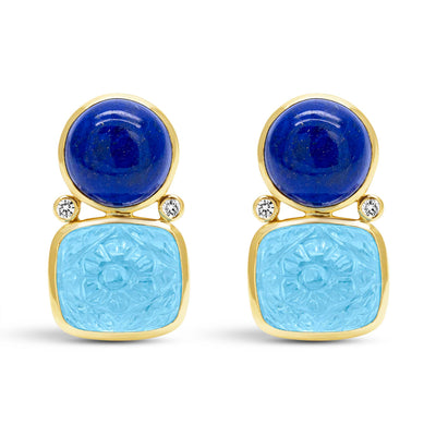 Earrings - Blue Topaz, Lapis Lazuli And Diamond In 18K Gold
