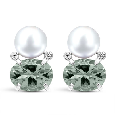 Earrings - Freshwater Pearl, Green Quartz And Diamond