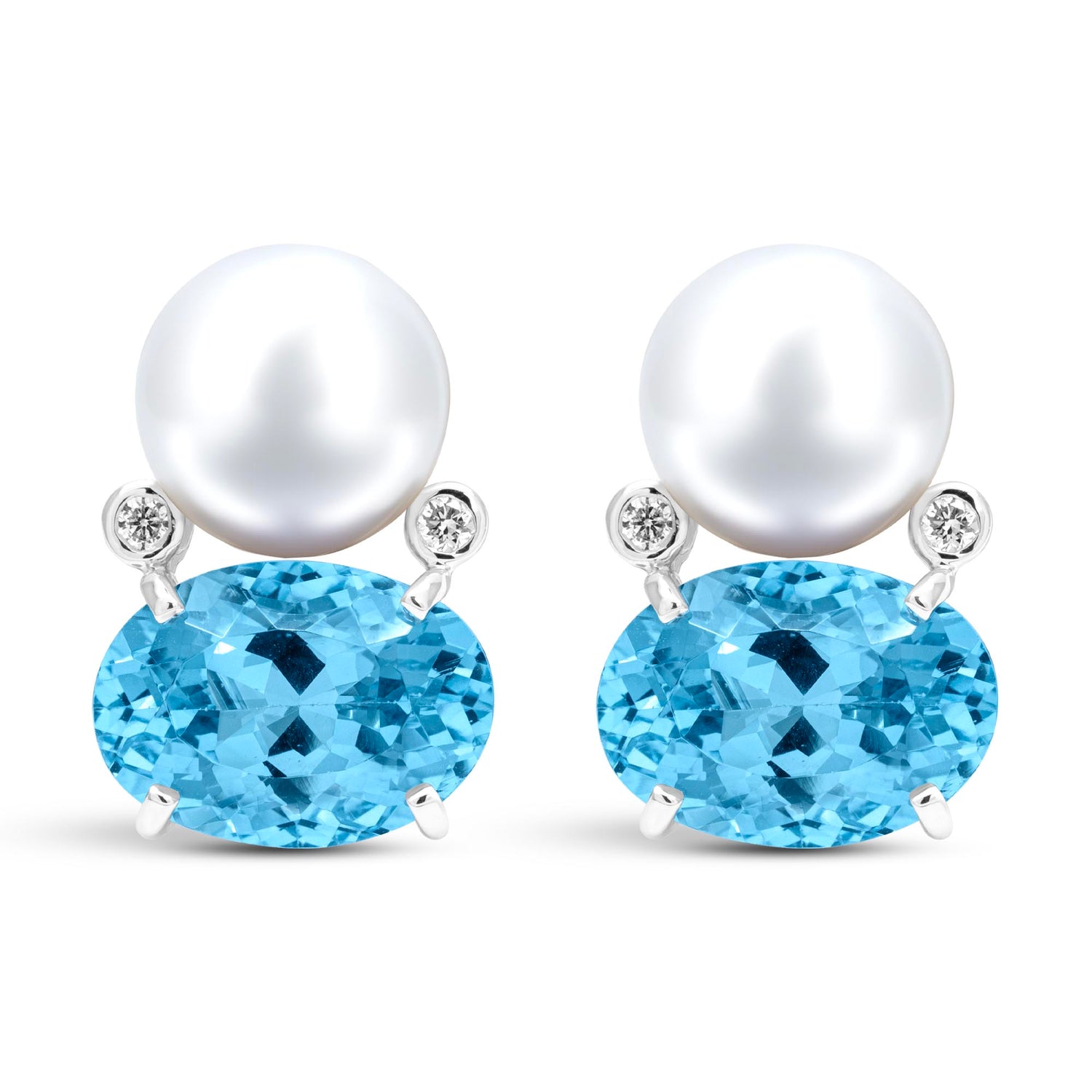 Earrings - Blue Topaz, Freshwater Pearl And Diamond
