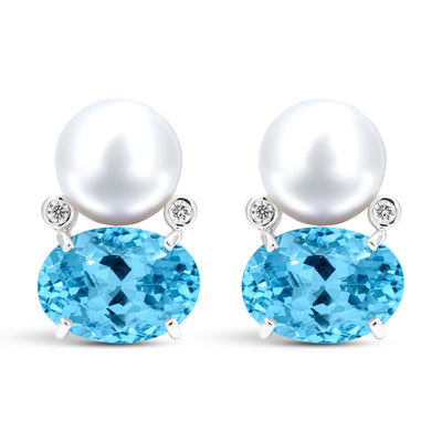 Earrings - Blue Topaz, Freshwater Pearl And Diamond