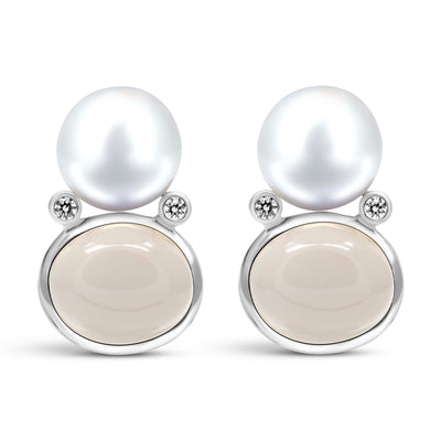 Earrings - Fresh Water Pearl, Moonstone And Diamond (333CS)