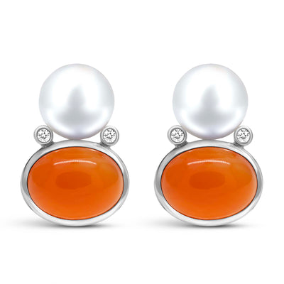 Earrings - Freshwater Pearl, Cornelian And Diamond (332CS)
