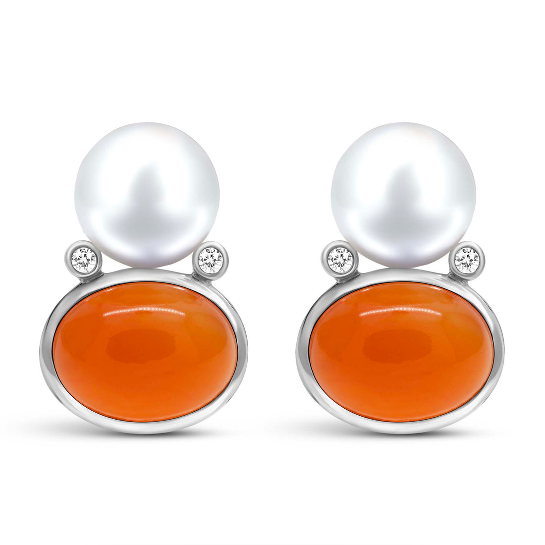 Earrings - Freshwater Pearl, Carnelian And Diamond | Singhvi Jewels