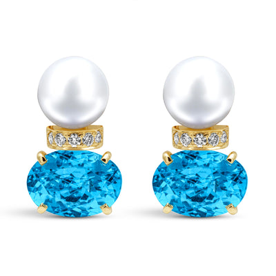 Earrings - South Sea Pearl, Blue Topaz And Diamond