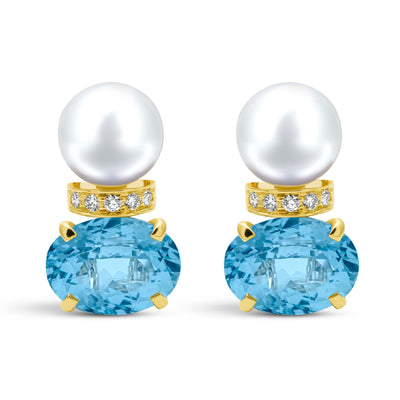 Earrings - South Sea Pearl, Blue Topaz And Diamond