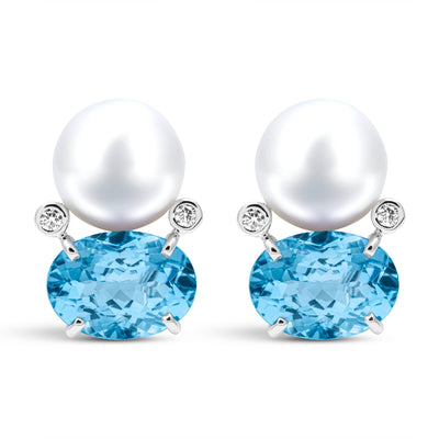 Earrings - Freshwater Pearl, Blue Topaz And Diamond (336AS)
