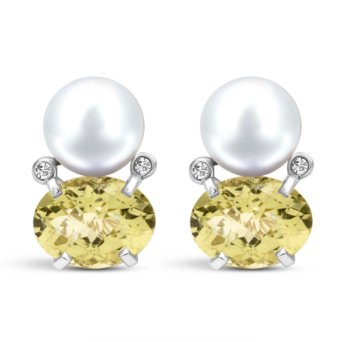 Earrings - Fresh Water Pearl, Lemon Quartz And Diamond | Singhvi Jewels