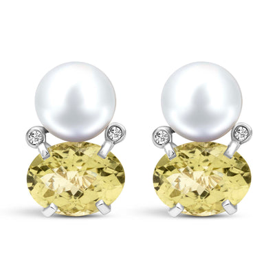 Earrings - Freshwater Pearl, Lemon Quartz And Diamond