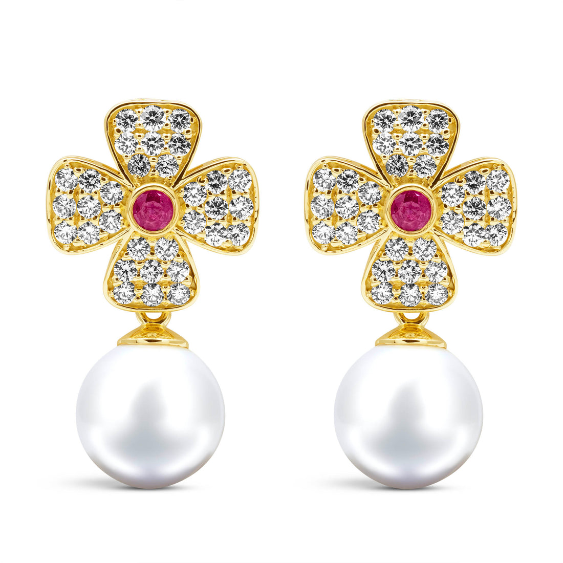 Earrings - Ruby, South Sea Pearl &amp; Diamond | Singhvi Jewels