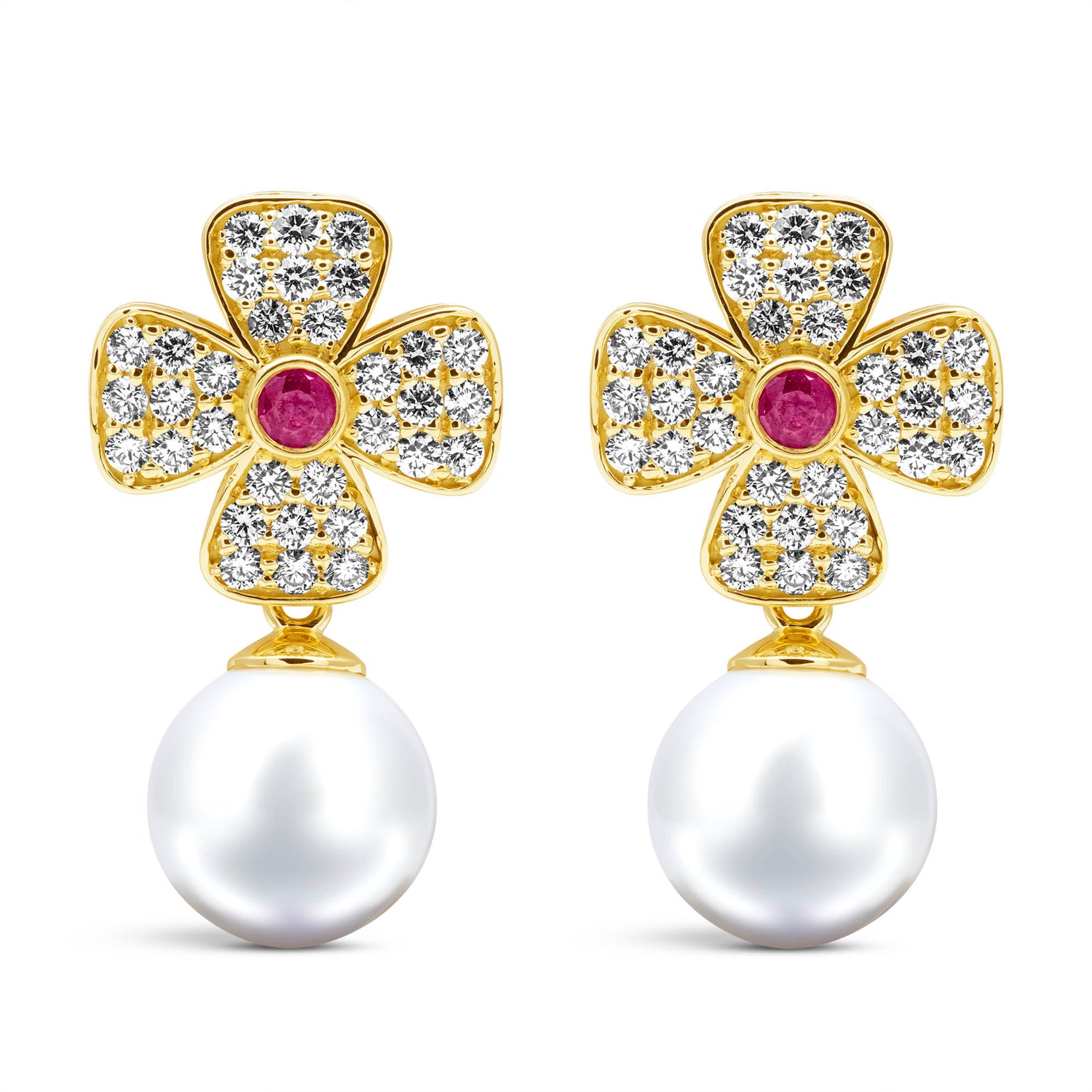 Earrings - Ruby, South Sea Pearl &amp; Diamond | Singhvi Jewels