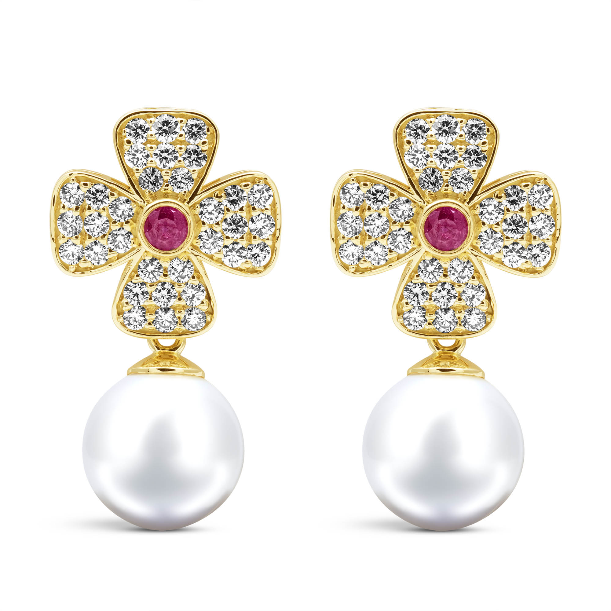Earrings - Ruby, South Sea Pearl &amp; Diamond | Singhvi Jewels