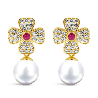 Earrings - Ruby, South Sea Pearl &amp; Diamond | Singhvi Jewels