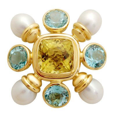 Brooch - Blue Topaz, Lemon Quartz And Freshwater Pearl