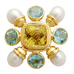 Brooch-  Blue Topaz, Lemon Quartz And Fresh Water Pearl