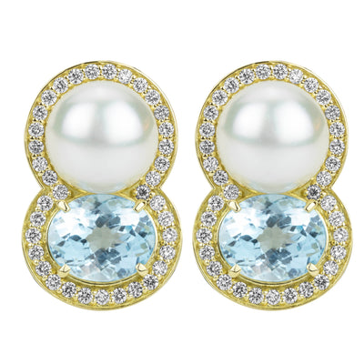 Earrings - Blue Topaz, Southsea Pearl And Diamond