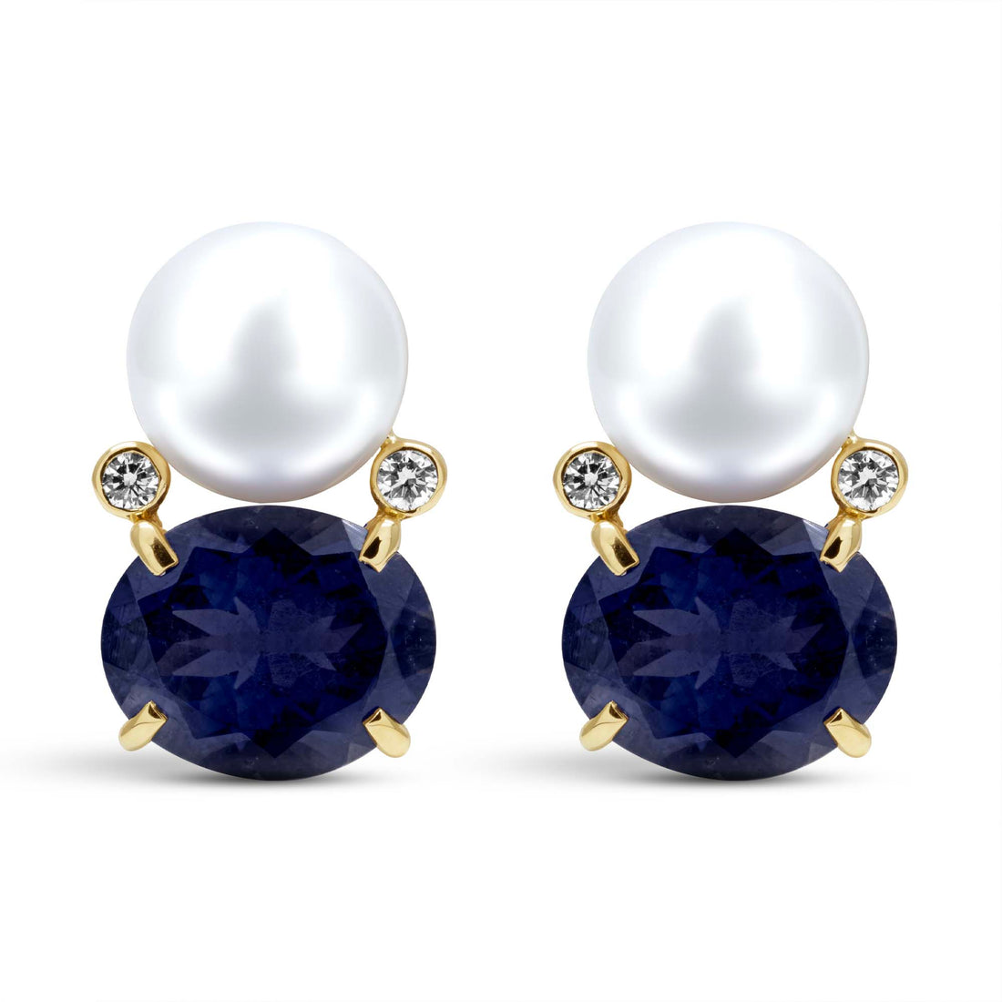 Earrings - South Sea Pearl, Iolite And Diamond In 18K Gold | Singhvi Jewels