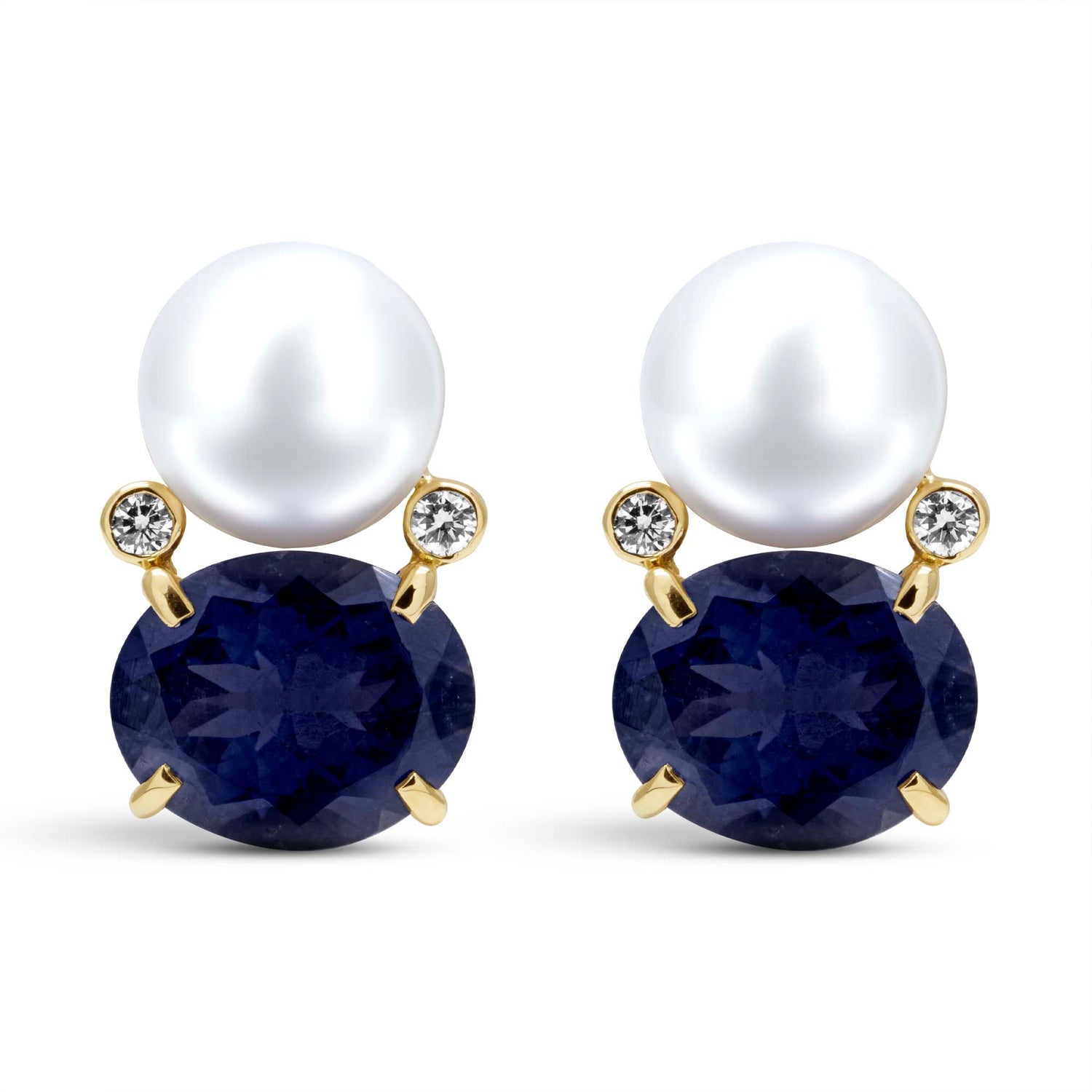 Earrings - South Sea Pearl, Iolite And Diamond In 18K Gold | Singhvi Jewels
