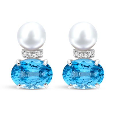 Earrings - Freshwater Pearl, Blue Topaz And Diamond