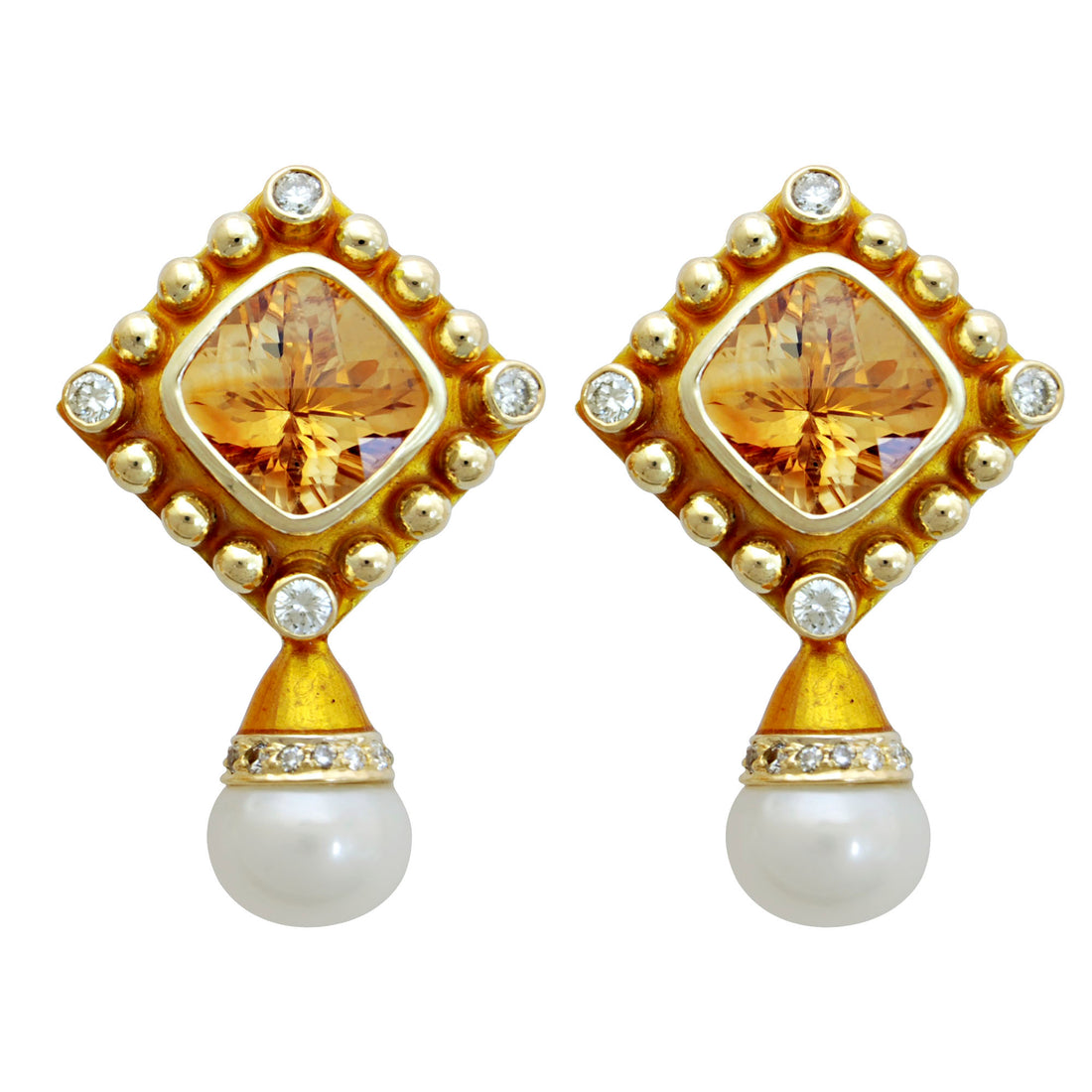 Earrings - Citrine, Pearl and Diamond (Enamel) | Singhvi Jewels