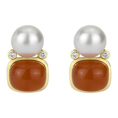 Earrings - South Sea Pearl, Cornelian And Diamond