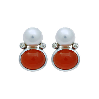 Earrings - South Sea Pearl, Cornelian And Diamond