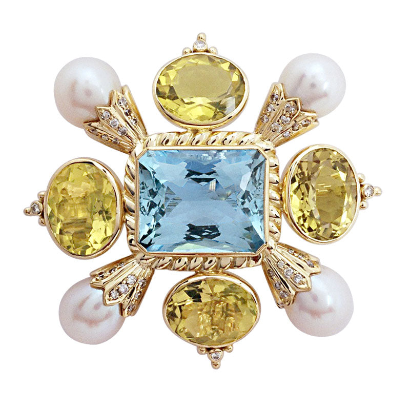 Brooch-Aquamarine, Lemon Quartz, Pearl and Diamond