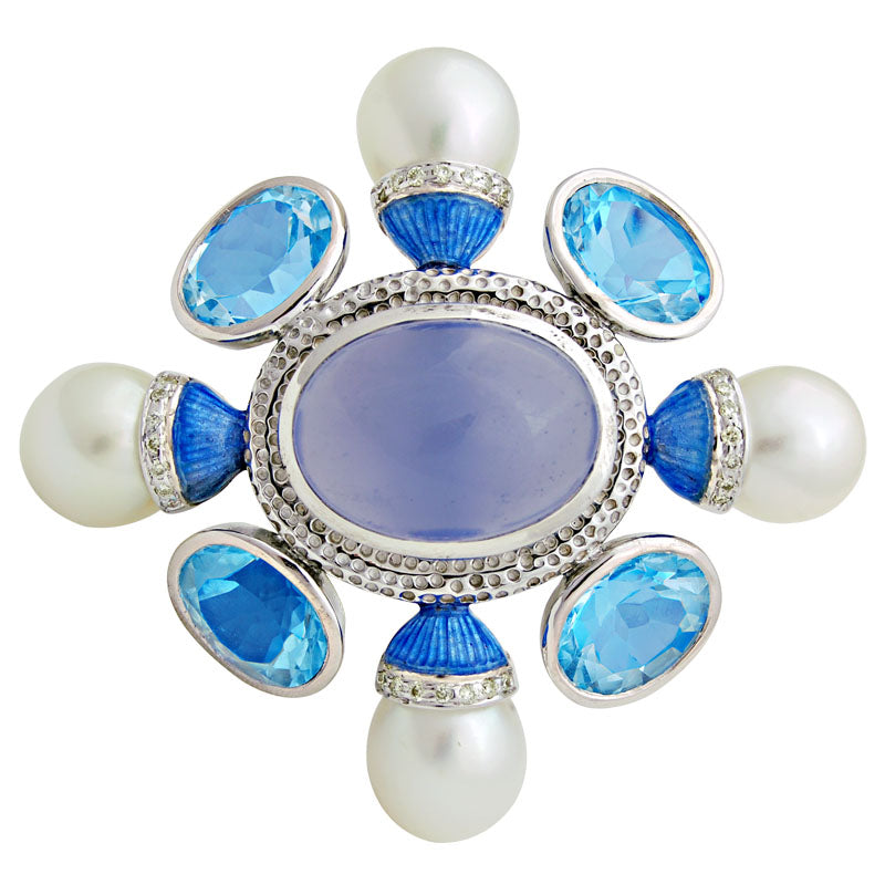 Brooch - Chalcedony, Blue Topaz, South Sea Pearl and Diamond (Enamel) | Singhvi Jewels