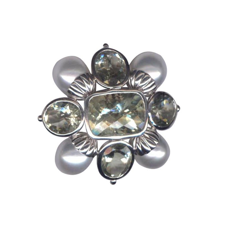 Brooch- Green Quartz And S.S. Pearl