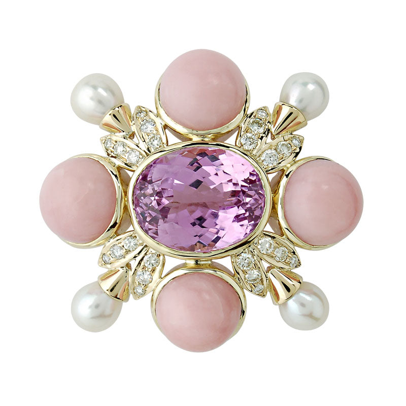 Brooch-Kunzite, Pink Opal, Pearl and Diamond